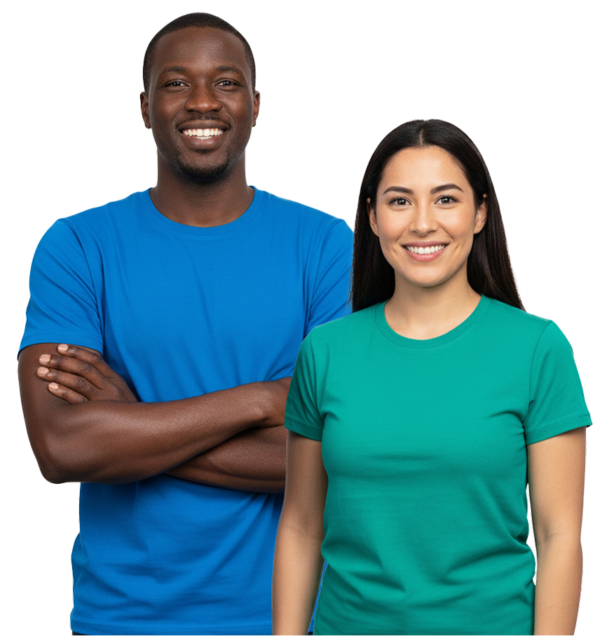 Man and woman standing side by side looking at the camera smiling